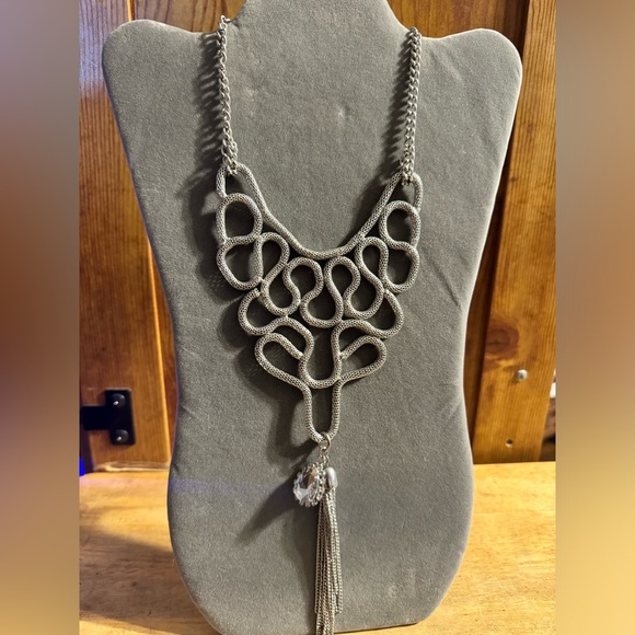 EFM Silver Tone Statement Rhinestone Tassel Necklace - Picture 1 of 5